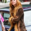 Elle Fanning A Complete Unknown Sylvie Russo Brown Fur Suede Leather Embroidered Jacket For Sale