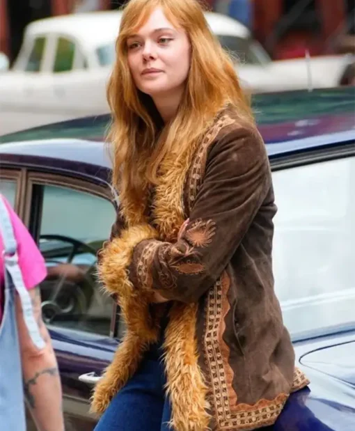 Elle Fanning A Complete Unknown Sylvie Russo Brown Fur Suede Leather Embroidered Jacket For Sale