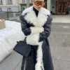 Elsa Hosk Shearling Fur Black Leather Coat