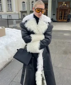 Elsa Hosk Shearling Fur Black Leather Coat