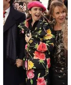 Emily In Paris Lily Collins Black Puffer Hooded Floral Jacket
