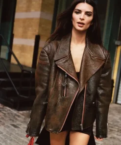 Emily Ratajkowski Brown Leather Coat