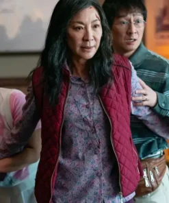 Evelyn Wang Film Everything Everywhere All at Once Michelle Yeoh Burgundy Diamond Quilted Vest