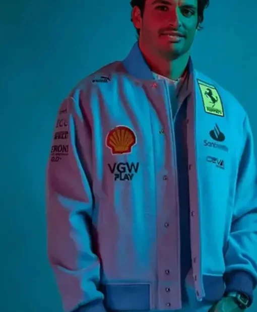 Ferrari Reprises Azzurro Blue for Miami Grand Prix Varsity Jacket For Sale