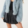 Forever 21 Faux Fur Open-Front Blue Jacket For Sale