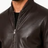 Front Zip Bomber Men Brown Leather Jacket