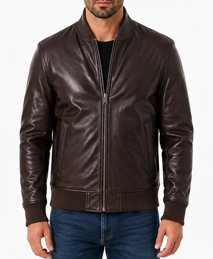 Front Zip Bomber Men Leather Jacket