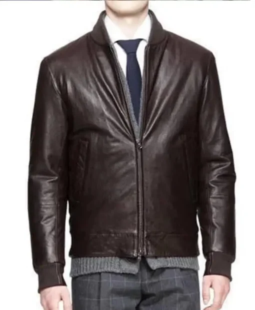 Front Zip Bomber Men Leather Jacket