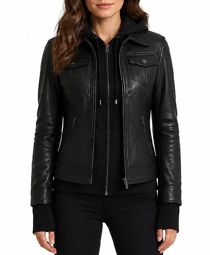 Genuine Leather Slim Fit Hooded Jacket For Womens