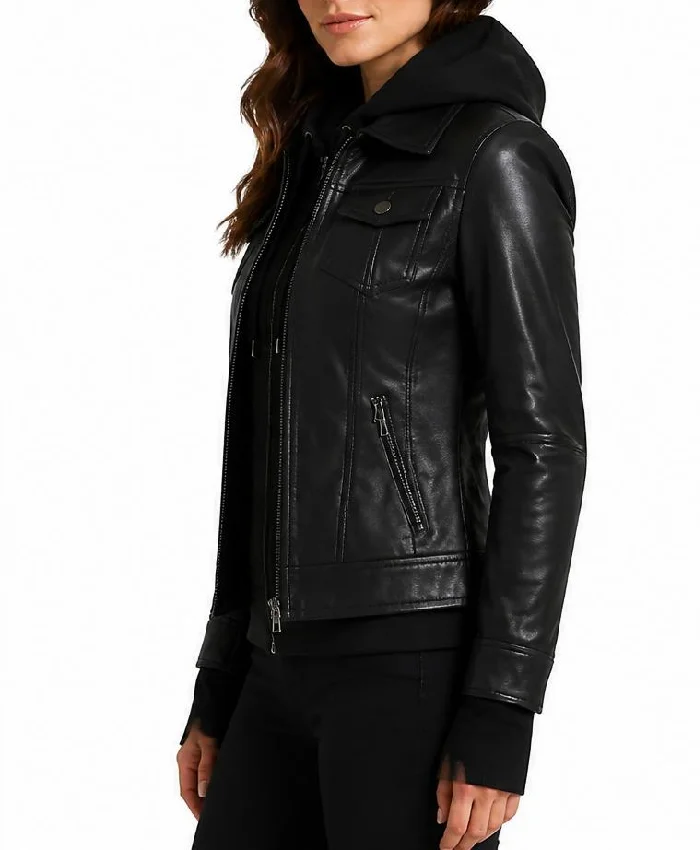 Genuine Leather Slim Fit Hooded Womens