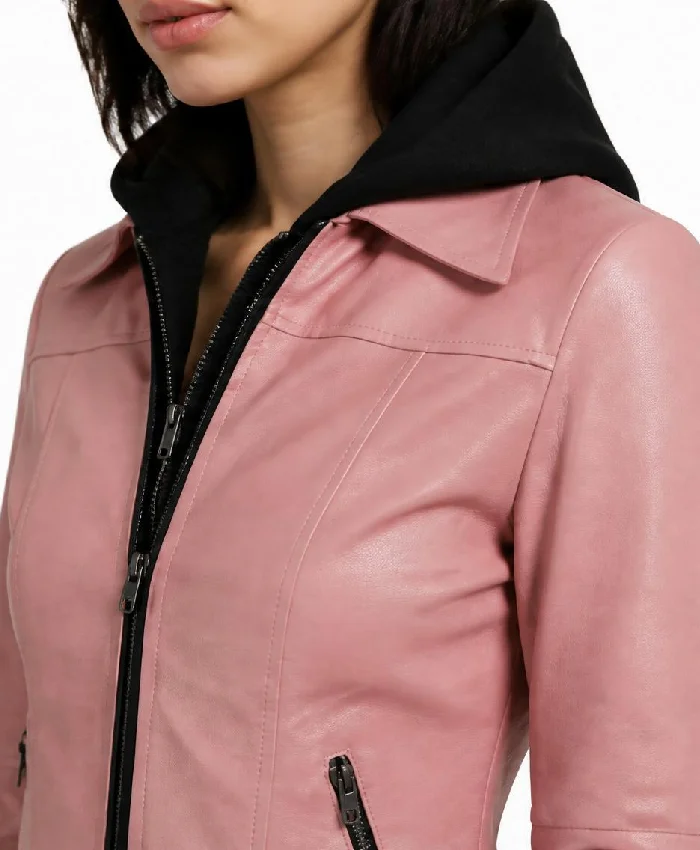 Gerard Pink Bomber Leather Jacket With Removable Hood For Women