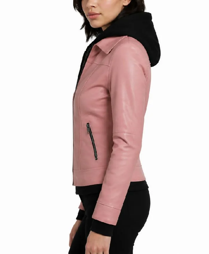 Gerard Pink Bomber Leather Jacket With Removable Hood For Womens