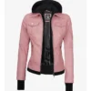 Gerard Women Pink Bomber Leather Jacket With Removable Hood