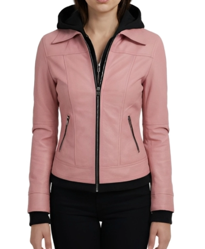 Women Gerard Pink Bomber Leather Jacket With Removable Hood