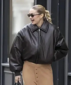 Gigi Hadid Black Bomber Leather Jacket