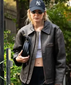 Gigi Hadid Dark Brown Leather Jacket