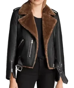 Gina Aviator Sheepskin Shearling Fur Asymmetrical Slim Fit Black Leather Biker Jacket