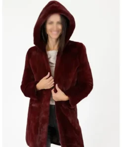 Gina Maroon Mink Fur Hooded Open Closure Coat