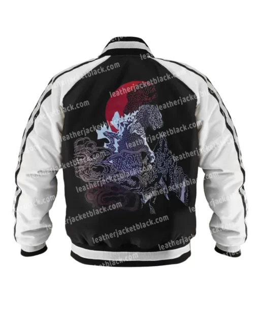 Godzilla King Of Monsters Film Black And Silver Satin Two Tone Stripe Bomber Jacket