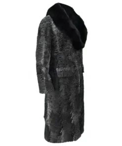 Grey Womens Karakul Persian Lamb Fur Mink Collar Long Trench Coat