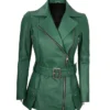 Asymmetrical Womens Green Belted Leather Jacket