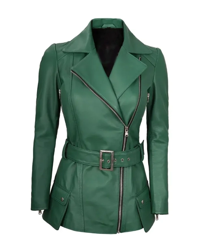 Asymmetrical Womens Green Belted Leather Jacket