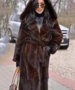 Hannah Big Mink Fur Hood Brown Long Coat