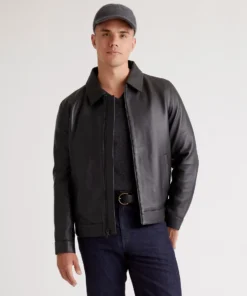 Harvey Quince Black Shirt Style Zip Leather Harrington Jacket