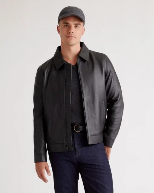 Harvey Quince Black Shirt Style Zip Leather Harrington Jacket