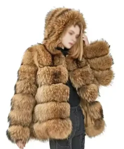 Haven Mink Fur Brown Hooded Warm Overcoat