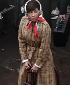 House Of Gucci 2021 Lady Gaga Brown Cotton Checkered Coat