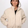 Jackie V Edikted Beige Faux Fur Zip Bomber Jacket For Sale