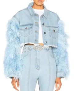 Jade Peyton Dynasty Vanessa Feather Cropped Blue Denim Jacket