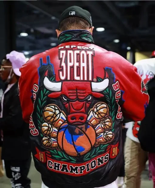 Jeff Vintage 3 Peat NBA Finals Chicago Bulls 1998 Leather Jacket back