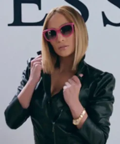 Jenifer Lopez Marry Me 2022 Kat Valdez Black Biker Cropped Real and Faux Leather Jacket