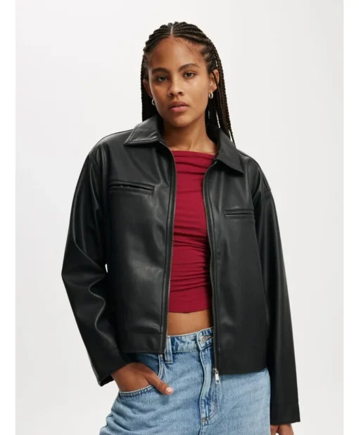 Jennifer Cotton On Black Shirt Style Faux Leather Jacket