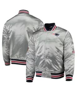 Jessamyn New England Patriots Silver Satin Bomber Jacket