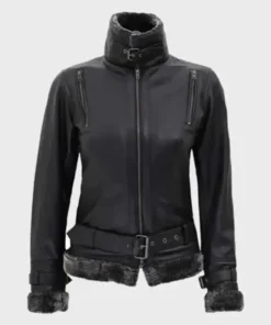 Kalen Shearling Collar Leather Black Belted Jacket for Winter