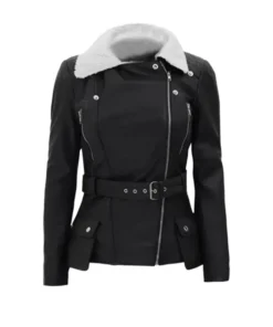 Kelli Asymmetrical Shearling Leather Black Belted Biker Jacket