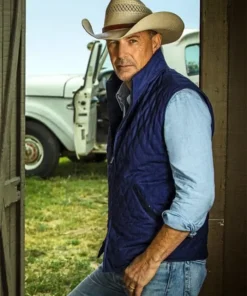 Kevin Costner Yellowstone John Dutton Diamond Quilted Blue Vest For Sale