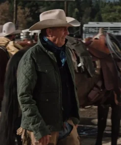Kevin Costner Yellowstone John Dutton Season 04 Green Quilted Cotton Jacket For Sale