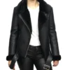 Leeanna Cotton On Black Aviator Leather Jacket With Shearling Collar