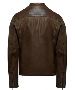 Leonardo Style Brown Leather Cafe Racer Snap Tab Collar Jacket