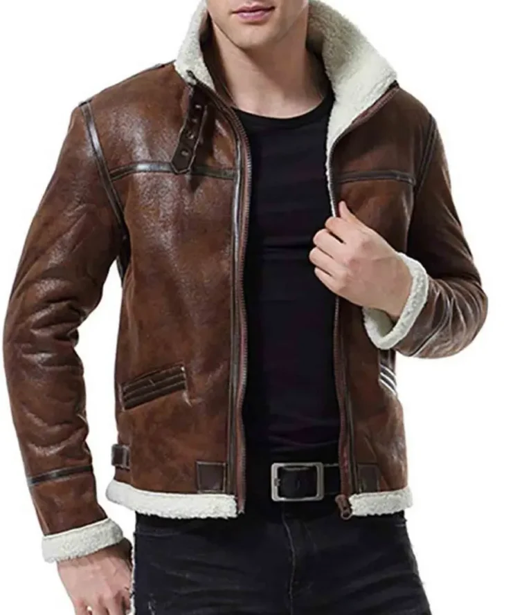 Lewis Men Brown Belted Leather Shearling Jacket