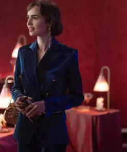 Lily Collins Emily In Paris S03 Blue Velvet Suit