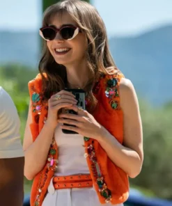 Lily Collins Emily In Paris S03 Orange Embroidered Vest