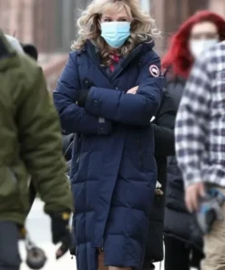 Lily Rabe The Tender Bar Mom Blue Puffer Coat