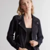 Linda Quince Black Suede Notch Lapel Biker Leather Jacket