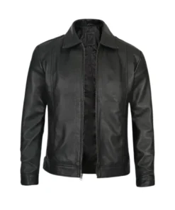 Lockwood Tall Classic Collar Black Leather Zip Jacket
