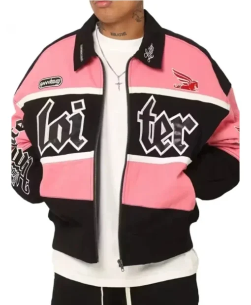 Loiter Racing Letterman Bomber Varsity Jacket Pink